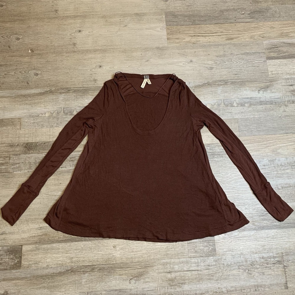Free People Fig Brown Long Sleeve Malibu Knit Thermal Hi-Low Shirt Size S